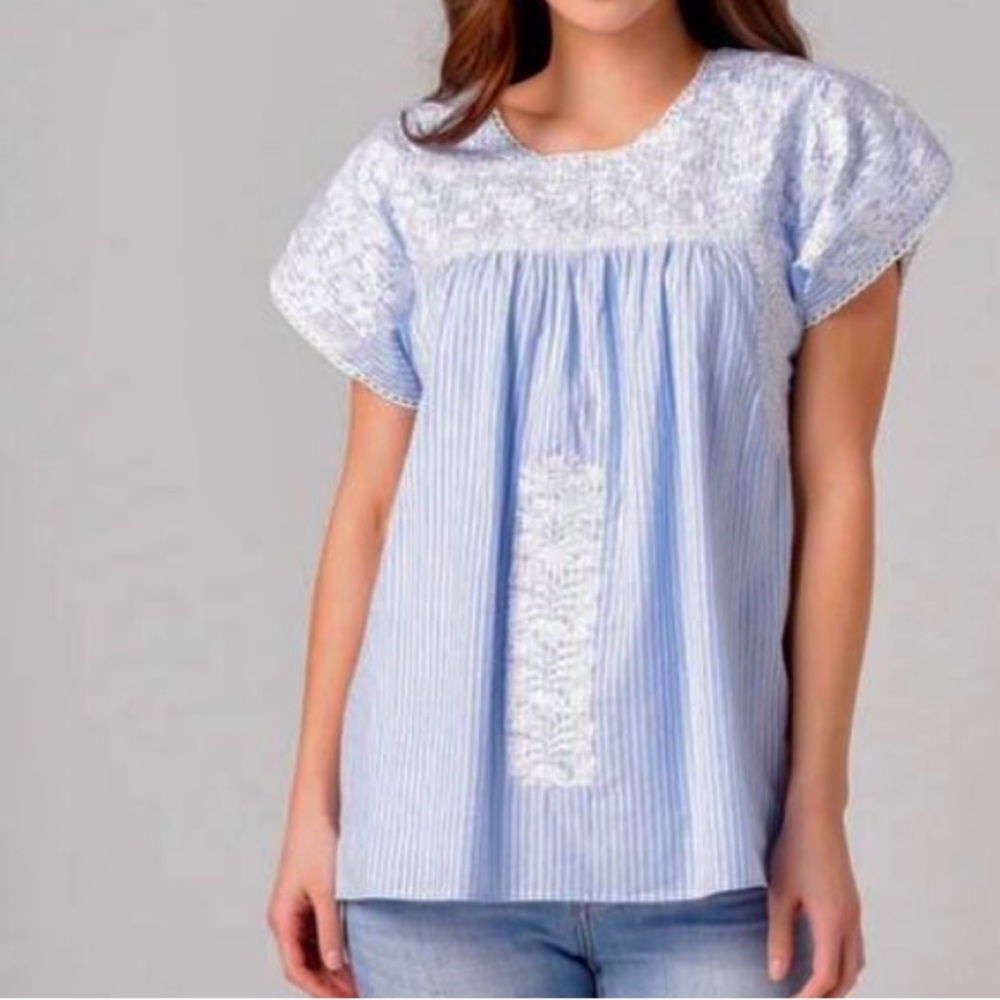 J. Marie embroidered stripe peasant top crochet trim sleeves - Picture 11 of 11